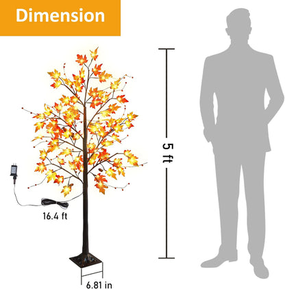 FORUP LED Lighted Maple Tree, 4 FT Lighted Artificial Tree for Thanksgiving Harvest Fall Festival Halloween Home Party Decoration