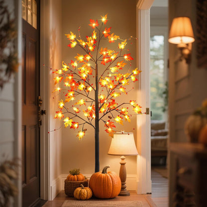 FORUP LED Lighted Maple Tree, 4 FT Lighted Artificial Tree for Thanksgiving Harvest Fall Festival Halloween Home Party Decoration
