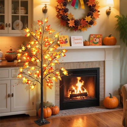 FORUP LED Lighted Maple Tree, 4 FT Lighted Artificial Tree for Thanksgiving Harvest Fall Festival Halloween Home Party Decoration