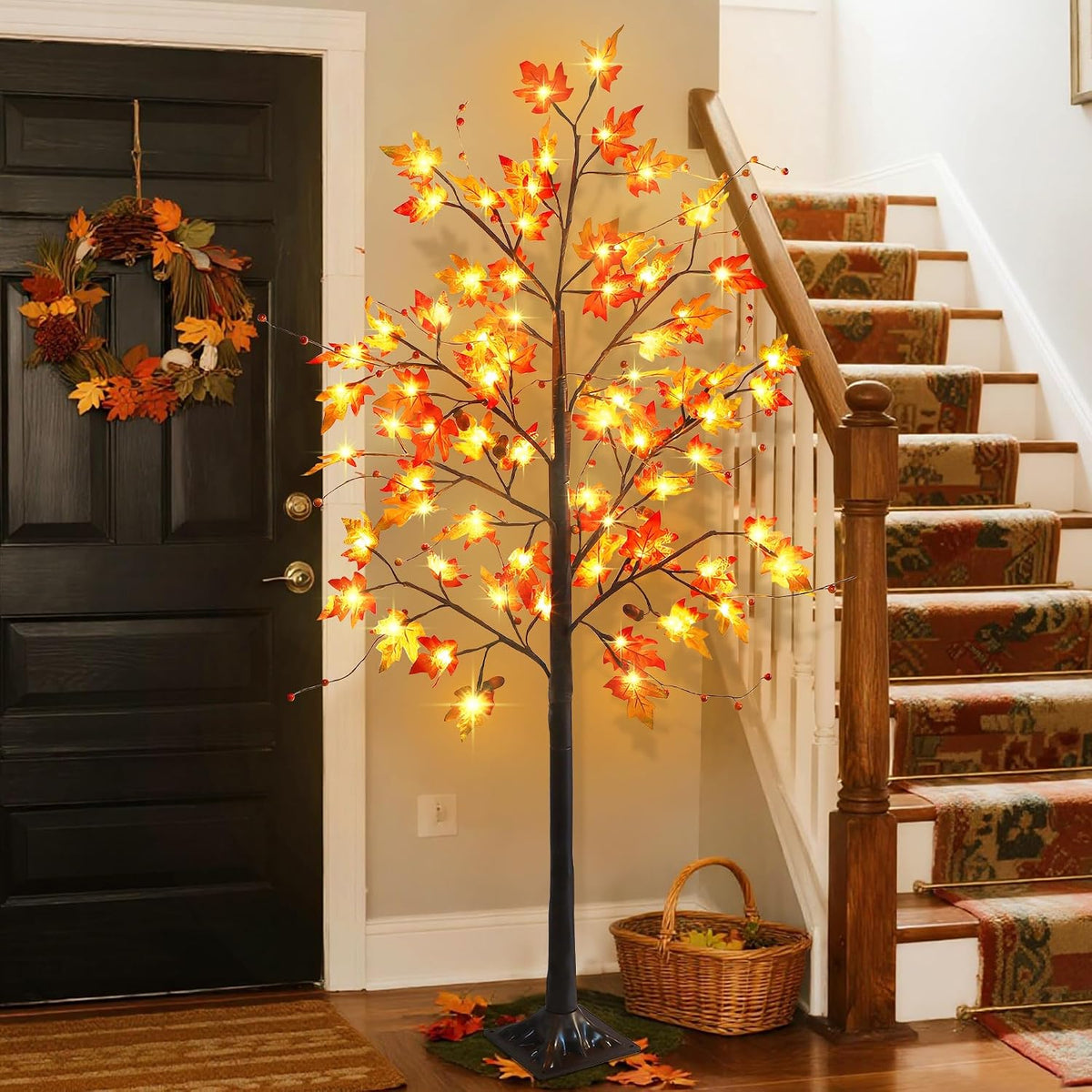 FORUP LED Lighted Maple Tree, 4 FT Lighted Artificial Tree for Thanksgiving Harvest Fall Festival Halloween Home Party Decoration