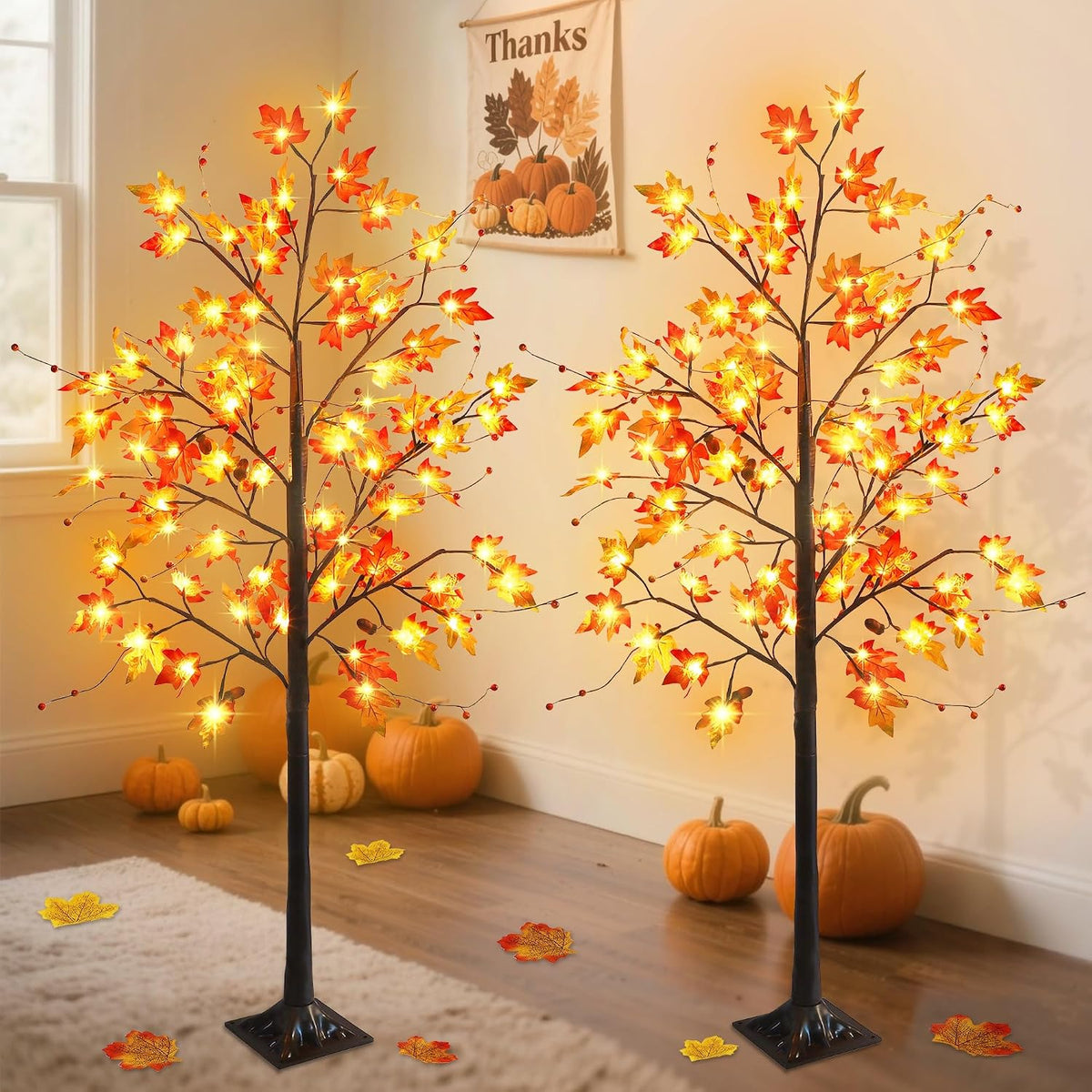 FORUP LED Lighted Maple Tree, 4 FT Lighted Artificial Tree for Thanksgiving Harvest Fall Festival Halloween Home Party Decoration