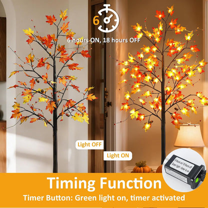 FORUP LED Lighted Maple Tree, 4 FT Lighted Artificial Tree for Thanksgiving Harvest Fall Festival Halloween Home Party Decoration
