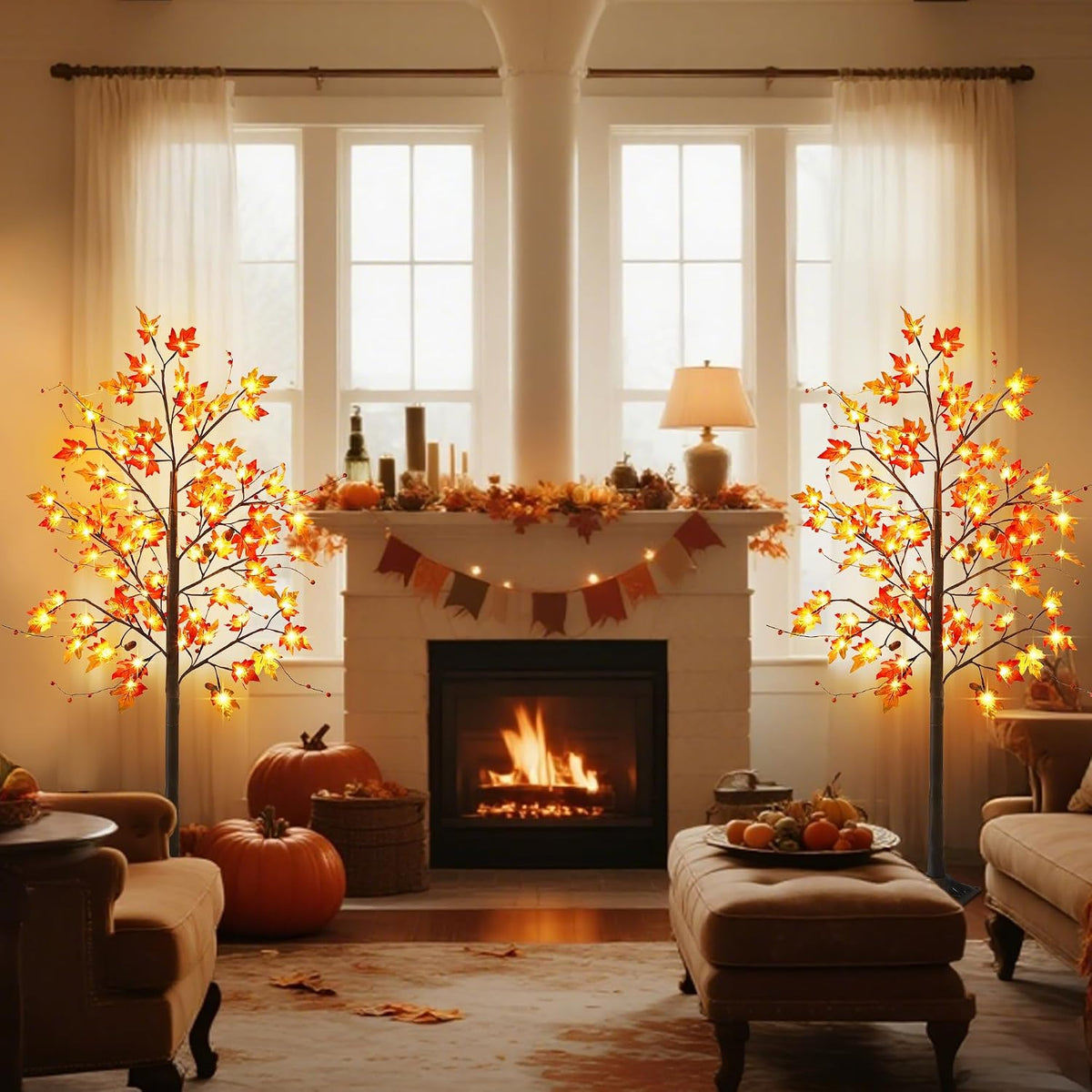 FORUP LED Lighted Maple Tree, 4 FT Lighted Artificial Tree for Thanksgiving Harvest Fall Festival Halloween Home Party Decoration