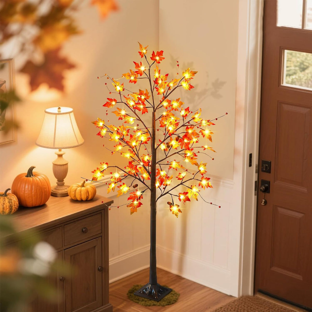 FORUP LED Lighted Maple Tree, 4 FT Lighted Artificial Tree for Thanksgiving Harvest Fall Festival Halloween Home Party Decoration