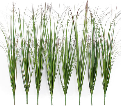 8 Bundles Artificial Grass Plants Outdoor Tall Faux Shrubs Greenery Stems Fake Onion Grasses Wheat Grass UV Resistant Faux Bushes Plant for Garden Indoor Office Home Decor（Red-Tipped Green）