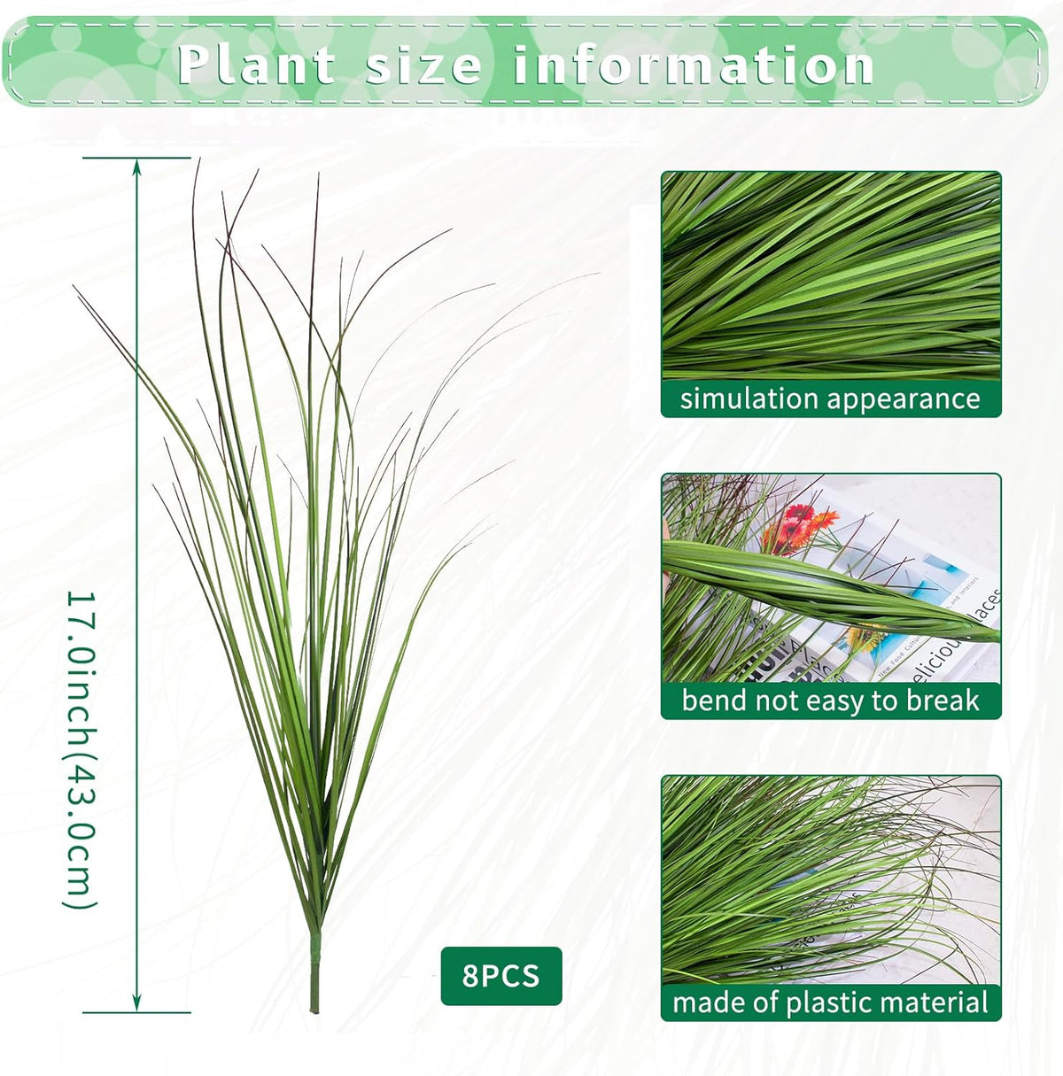 8 Bundles Artificial Grass Plants Outdoor Tall Faux Shrubs Greenery Stems Fake Onion Grasses Wheat Grass UV Resistant Faux Bushes Plant for Garden Indoor Office Home Decor（Red-Tipped Green）
