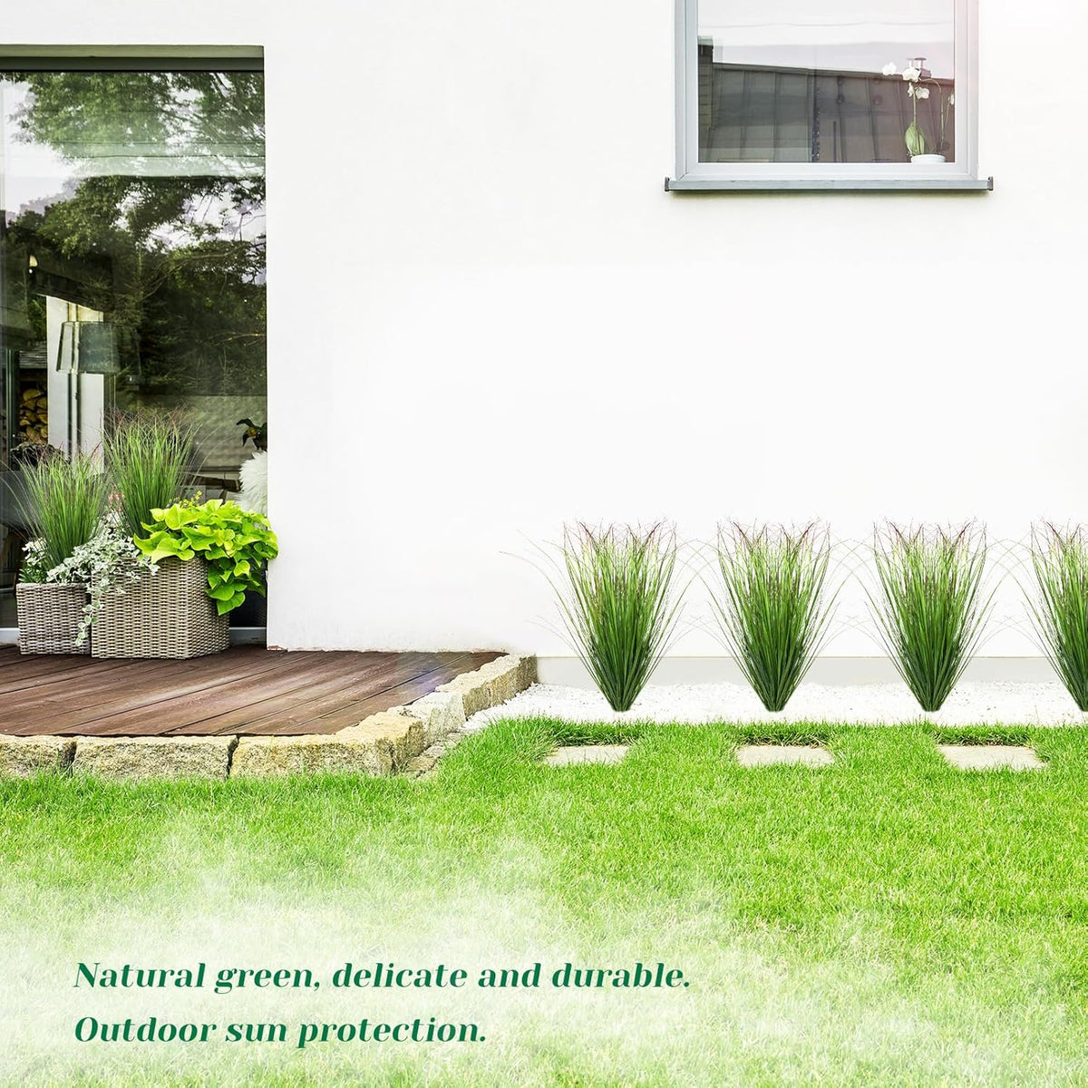 8 Bundles Artificial Grass Plants Outdoor Tall Faux Shrubs Greenery Stems Fake Onion Grasses Wheat Grass UV Resistant Faux Bushes Plant for Garden Indoor Office Home Decor（Red-Tipped Green）