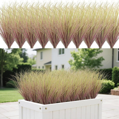 8 Bundles Artificial Grass Plants Outdoor Tall Faux Shrubs Greenery Stems Fake Onion Grasses Wheat Grass UV Resistant Faux Bushes Plant for Garden Indoor Office Home Decor（Red-Tipped Green）