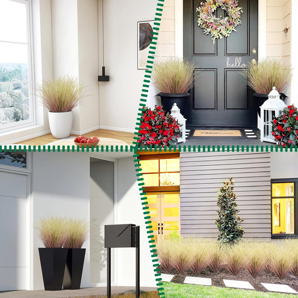 8 Bundles Artificial Grass Plants Outdoor Tall Faux Shrubs Greenery Stems Fake Onion Grasses Wheat Grass UV Resistant Faux Bushes Plant for Garden Indoor Office Home Decor（Red-Tipped Green）