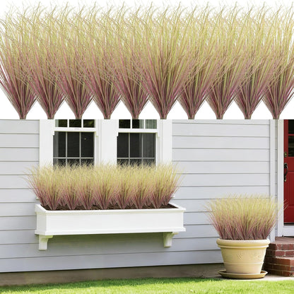 8 Bundles Artificial Grass Plants Outdoor Tall Faux Shrubs Greenery Stems Fake Onion Grasses Wheat Grass UV Resistant Faux Bushes Plant for Garden Indoor Office Home Decor（Red-Tipped Green）