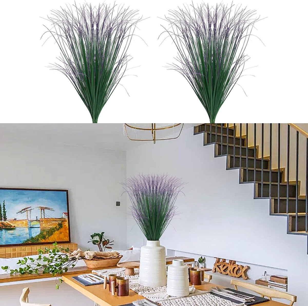 8 Bundles Artificial Grass Plants Outdoor Tall Faux Shrubs Greenery Stems Fake Onion Grasses Wheat Grass UV Resistant Faux Bushes Plant for Garden Indoor Office Home Decor（Red-Tipped Green）