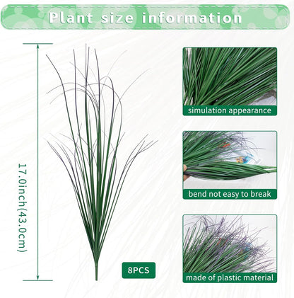 8 Bundles Artificial Grass Plants Outdoor Tall Faux Shrubs Greenery Stems Fake Onion Grasses Wheat Grass UV Resistant Faux Bushes Plant for Garden Indoor Office Home Decor（Red-Tipped Green）