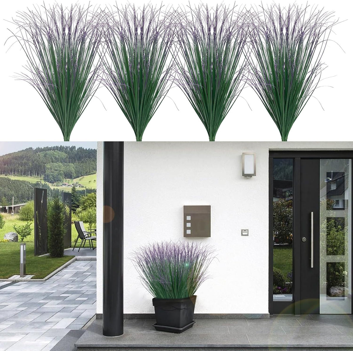 8 Bundles Artificial Grass Plants Outdoor Tall Faux Shrubs Greenery Stems Fake Onion Grasses Wheat Grass UV Resistant Faux Bushes Plant for Garden Indoor Office Home Decor（Red-Tipped Green）