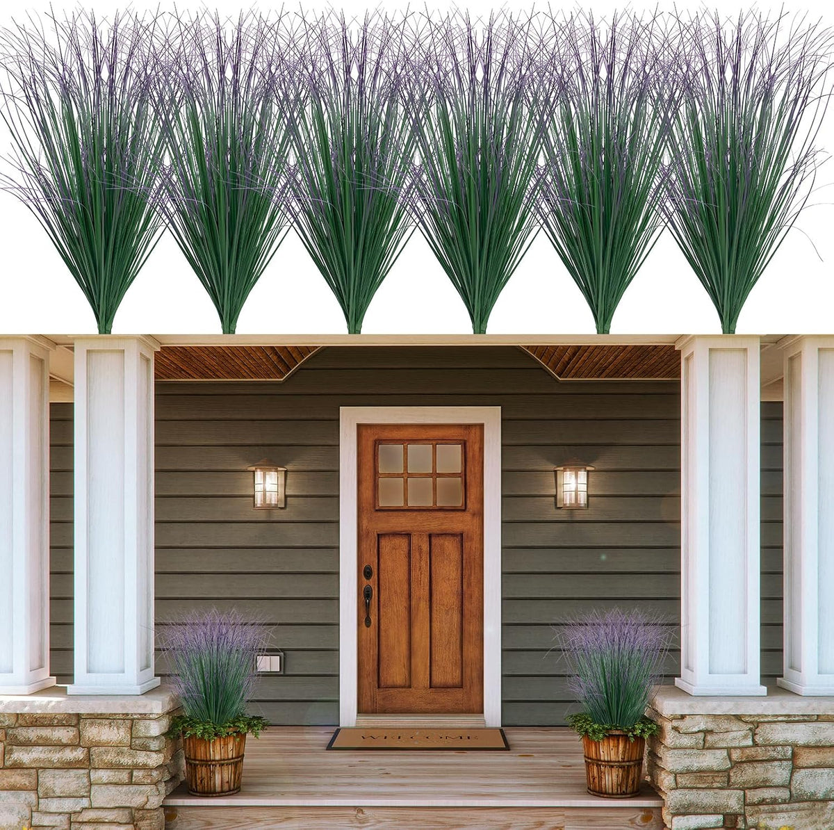 8 Bundles Artificial Grass Plants Outdoor Tall Faux Shrubs Greenery Stems Fake Onion Grasses Wheat Grass UV Resistant Faux Bushes Plant for Garden Indoor Office Home Decor（Red-Tipped Green）