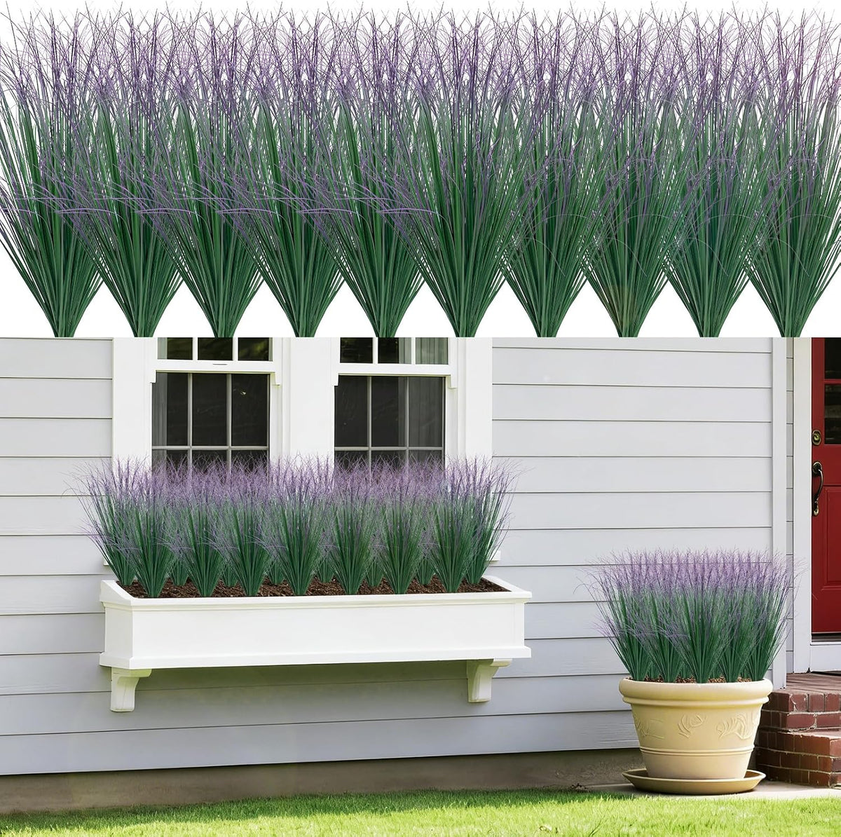 8 Bundles Artificial Grass Plants Outdoor Tall Faux Shrubs Greenery Stems Fake Onion Grasses Wheat Grass UV Resistant Faux Bushes Plant for Garden Indoor Office Home Decor（Red-Tipped Green）