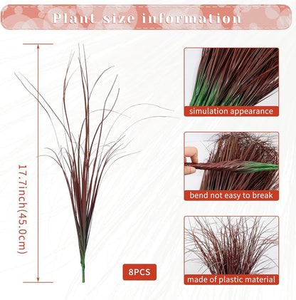 8 Bundles Artificial Grass Plants Outdoor Tall Faux Shrubs Greenery Stems Fake Onion Grasses Wheat Grass UV Resistant Faux Bushes Plant for Garden Indoor Office Home Decor（Red-Tipped Green）