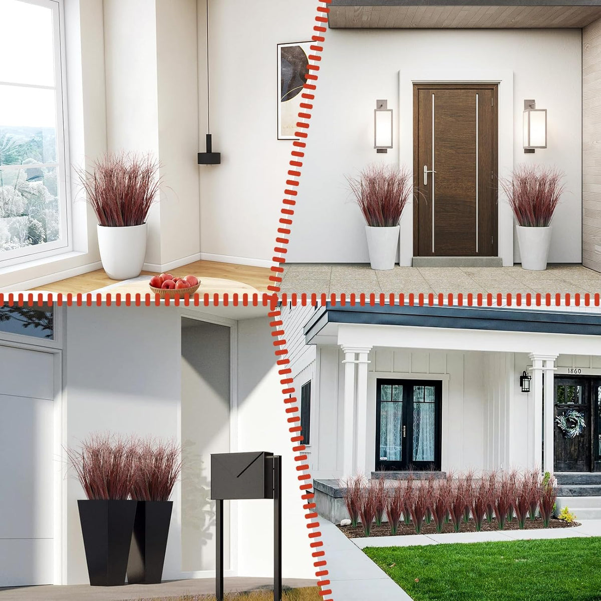8 Bundles Artificial Grass Plants Outdoor Tall Faux Shrubs Greenery Stems Fake Onion Grasses Wheat Grass UV Resistant Faux Bushes Plant for Garden Indoor Office Home Decor（Red-Tipped Green）