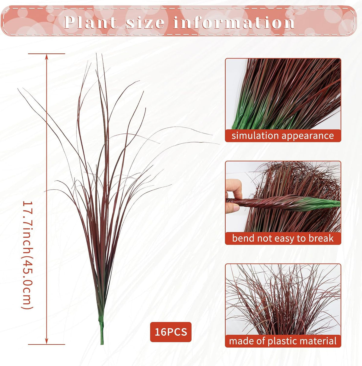 8 Bundles Artificial Grass Plants Outdoor Tall Faux Shrubs Greenery Stems Fake Onion Grasses Wheat Grass UV Resistant Faux Bushes Plant for Garden Indoor Office Home Decor（Red-Tipped Green）