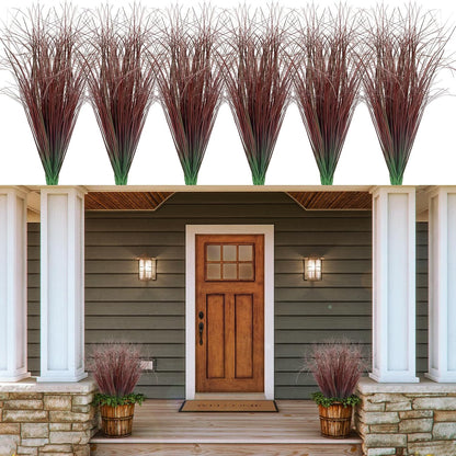 8 Bundles Artificial Grass Plants Outdoor Tall Faux Shrubs Greenery Stems Fake Onion Grasses Wheat Grass UV Resistant Faux Bushes Plant for Garden Indoor Office Home Decor（Red-Tipped Green）