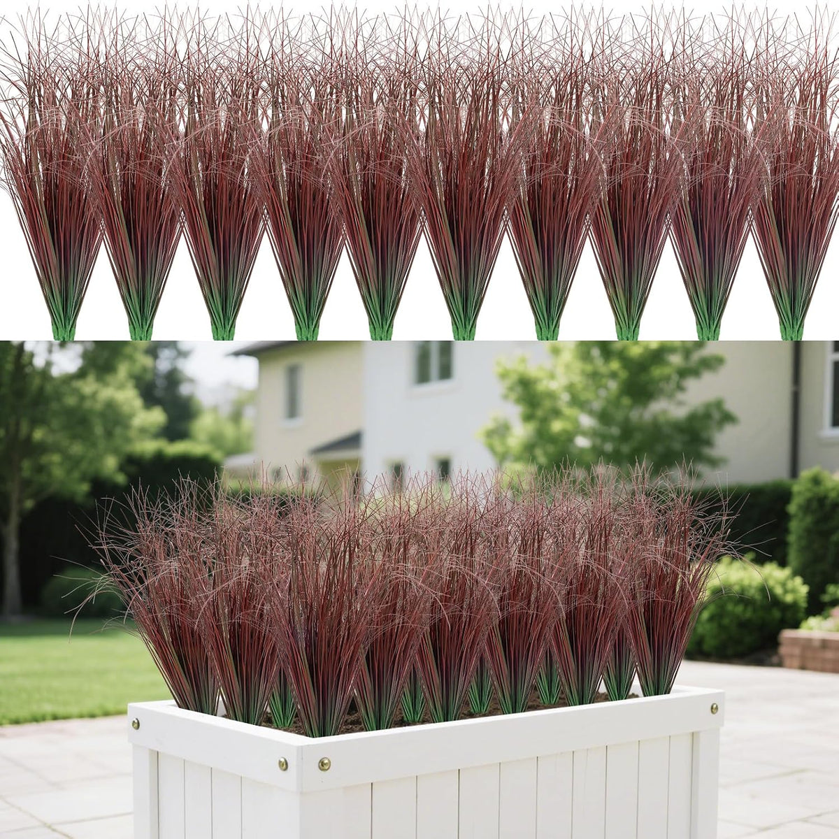 8 Bundles Artificial Grass Plants Outdoor Tall Faux Shrubs Greenery Stems Fake Onion Grasses Wheat Grass UV Resistant Faux Bushes Plant for Garden Indoor Office Home Decor（Red-Tipped Green）
