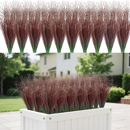 8 Bundles Artificial Grass Plants Outdoor Tall Faux Shrubs Greenery Stems Fake Onion Grasses Wheat Grass UV Resistant Faux Bushes Plant for Garden Indoor Office Home Decor（Red-Tipped Green）