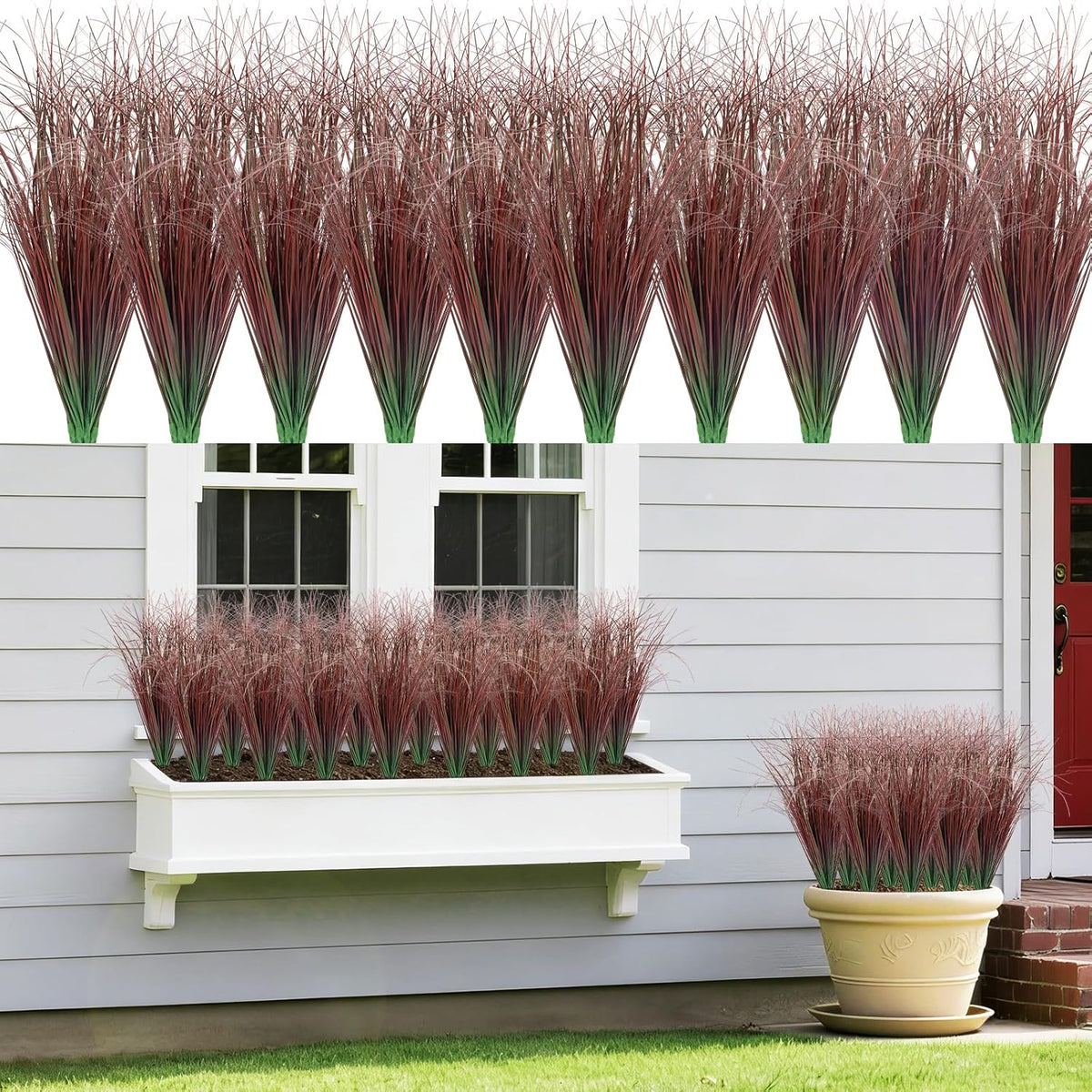 8 Bundles Artificial Grass Plants Outdoor Tall Faux Shrubs Greenery Stems Fake Onion Grasses Wheat Grass UV Resistant Faux Bushes Plant for Garden Indoor Office Home Decor（Red-Tipped Green）