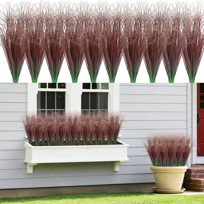 8 Bundles Artificial Grass Plants Outdoor Tall Faux Shrubs Greenery Stems Fake Onion Grasses Wheat Grass UV Resistant Faux Bushes Plant for Garden Indoor Office Home Decor（Red-Tipped Green）