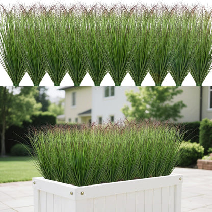 8 Bundles Artificial Grass Plants Outdoor Tall Faux Shrubs Greenery Stems Fake Onion Grasses Wheat Grass UV Resistant Faux Bushes Plant for Garden Indoor Office Home Decor（Red-Tipped Green）