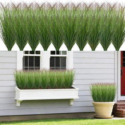 8 Bundles Artificial Grass Plants Outdoor Tall Faux Shrubs Greenery Stems Fake Onion Grasses Wheat Grass UV Resistant Faux Bushes Plant for Garden Indoor Office Home Decor（Red-Tipped Green）
