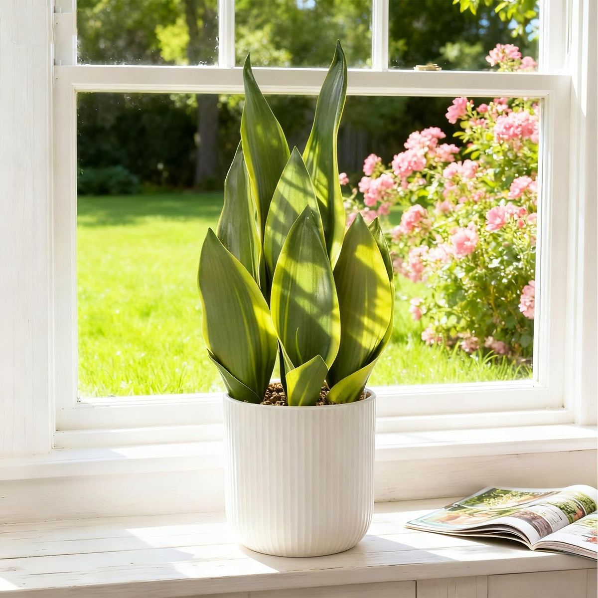 Artificial Realistic Snake Plant 16" with White Ceramic Pot