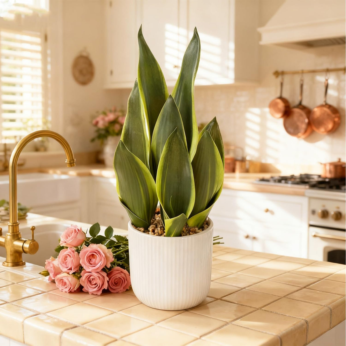 Artificial Realistic Snake Plant 16" with White Ceramic Pot