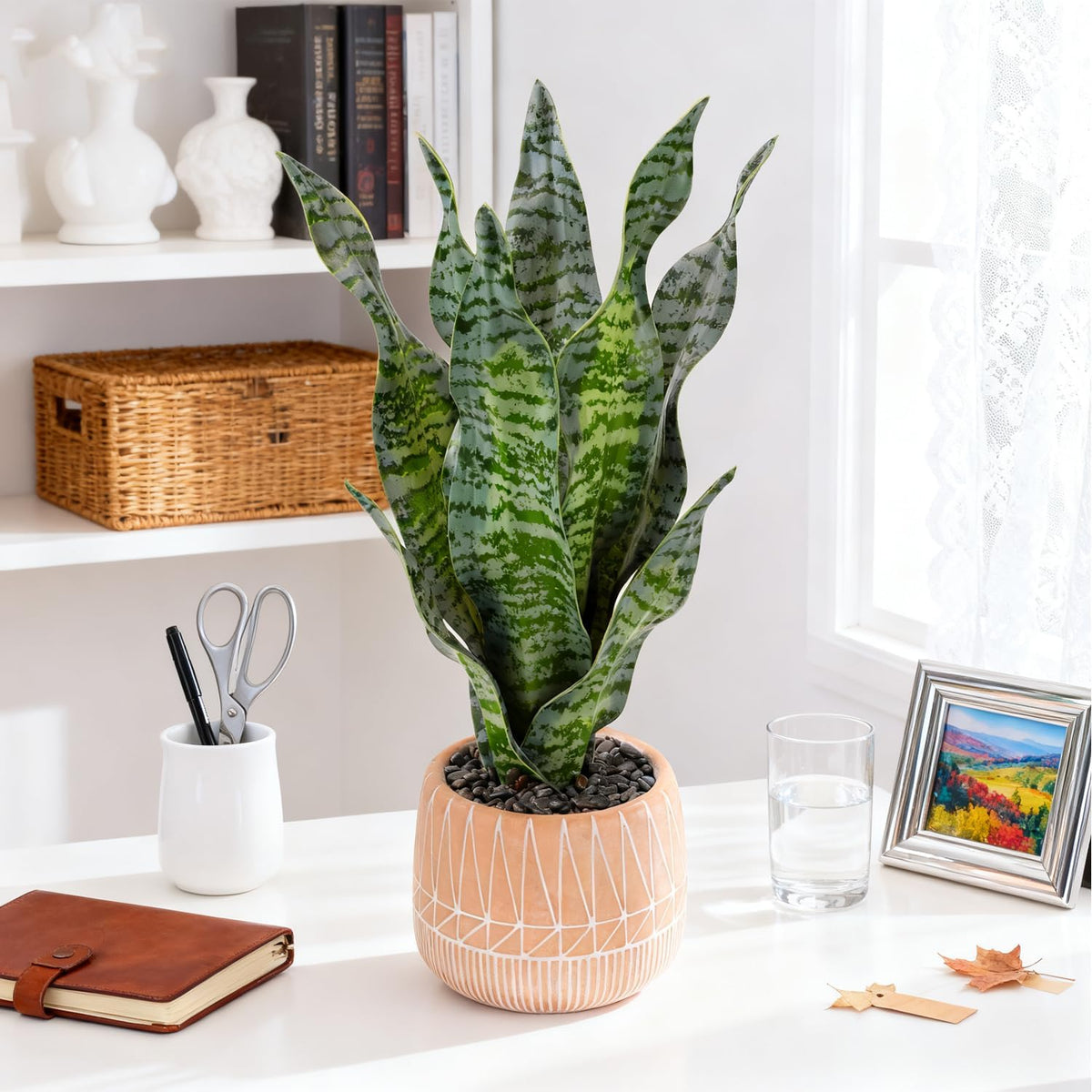 Artificial Realistic Snake Plant 16" with White Ceramic Pot