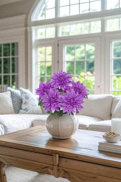 Purple-Pink Artificial Dahlia Flowers with Stem Bushes 7 Heads Silk Fake Dahlias Flowers Wedding Bouquets Faux Dahlia Flower Floral Arrangements for Party Table Centerpieces Home Decor