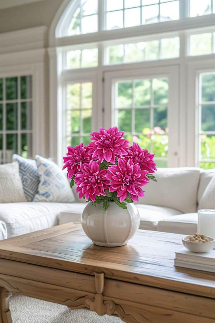 Purple-Pink Artificial Dahlia Flowers with Stem Bushes 7 Heads Silk Fake Dahlias Flowers Wedding Bouquets Faux Dahlia Flower Floral Arrangements for Party Table Centerpieces Home Decor
