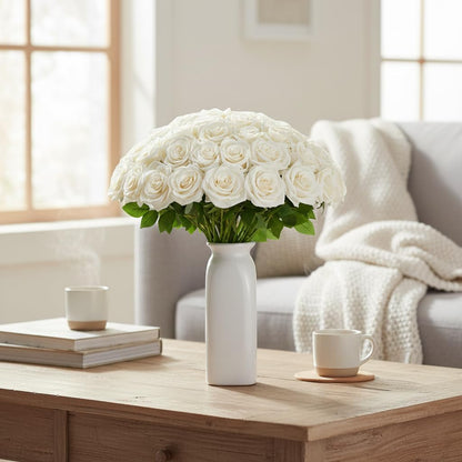 100 Pcs White Rose Artificial Flowers Bulk, Ivory Silk Fake Roses with Long Stem for Wedding Decoration, Bridal Bouquets, DIY Flower Wall, Party Table Centerpieces, Home Decor