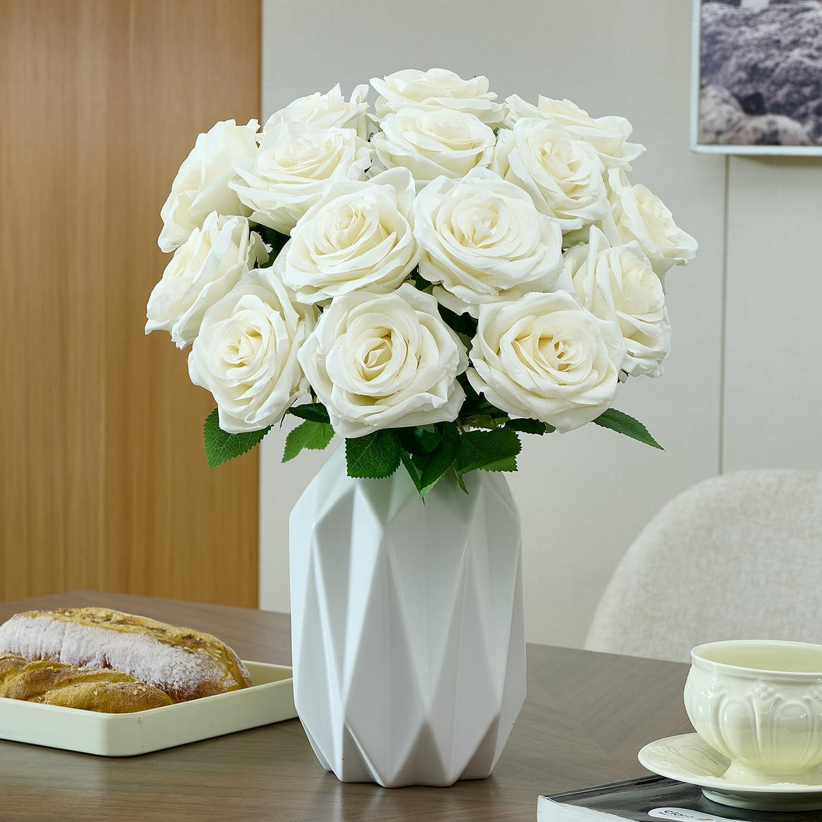 100 Pcs White Rose Artificial Flowers Bulk, Ivory Silk Fake Roses with Long Stem for Wedding Decoration, Bridal Bouquets, DIY Flower Wall, Party Table Centerpieces, Home Decor
