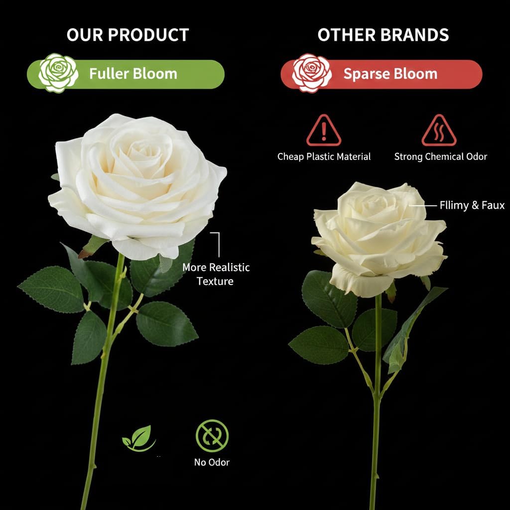 100 Pcs White Rose Artificial Flowers Bulk, Ivory Silk Fake Roses with Long Stem for Wedding Decoration, Bridal Bouquets, DIY Flower Wall, Party Table Centerpieces, Home Decor
