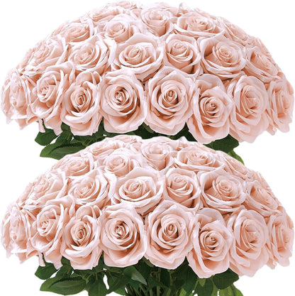 100 Pcs White Rose Artificial Flowers Bulk, Ivory Silk Fake Roses with Long Stem for Wedding Decoration, Bridal Bouquets, DIY Flower Wall, Party Table Centerpieces, Home Decor