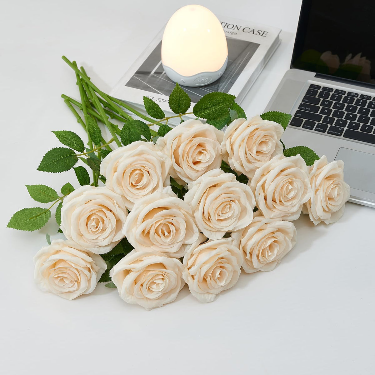 100 Pcs White Rose Artificial Flowers Bulk, Ivory Silk Fake Roses with Long Stem for Wedding Decoration, Bridal Bouquets, DIY Flower Wall, Party Table Centerpieces, Home Decor