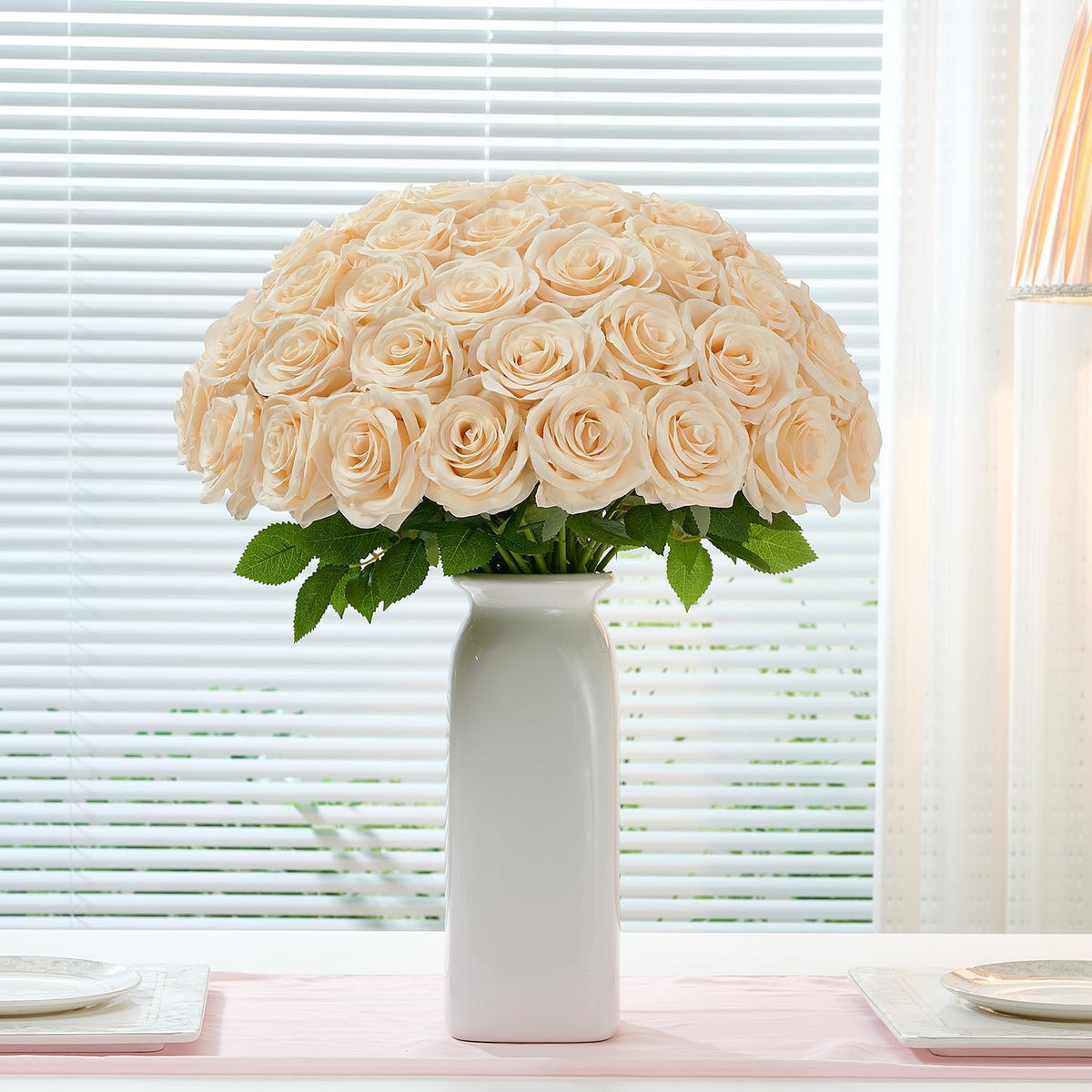 100 Pcs White Rose Artificial Flowers Bulk, Ivory Silk Fake Roses with Long Stem for Wedding Decoration, Bridal Bouquets, DIY Flower Wall, Party Table Centerpieces, Home Decor