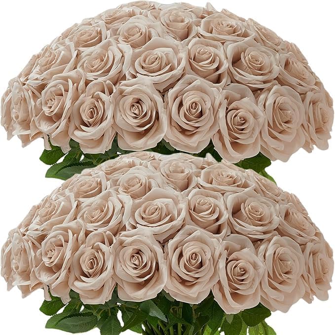 100 Pcs White Rose Artificial Flowers Bulk, Ivory Silk Fake Roses with Long Stem for Wedding Decoration, Bridal Bouquets, DIY Flower Wall, Party Table Centerpieces, Home Decor