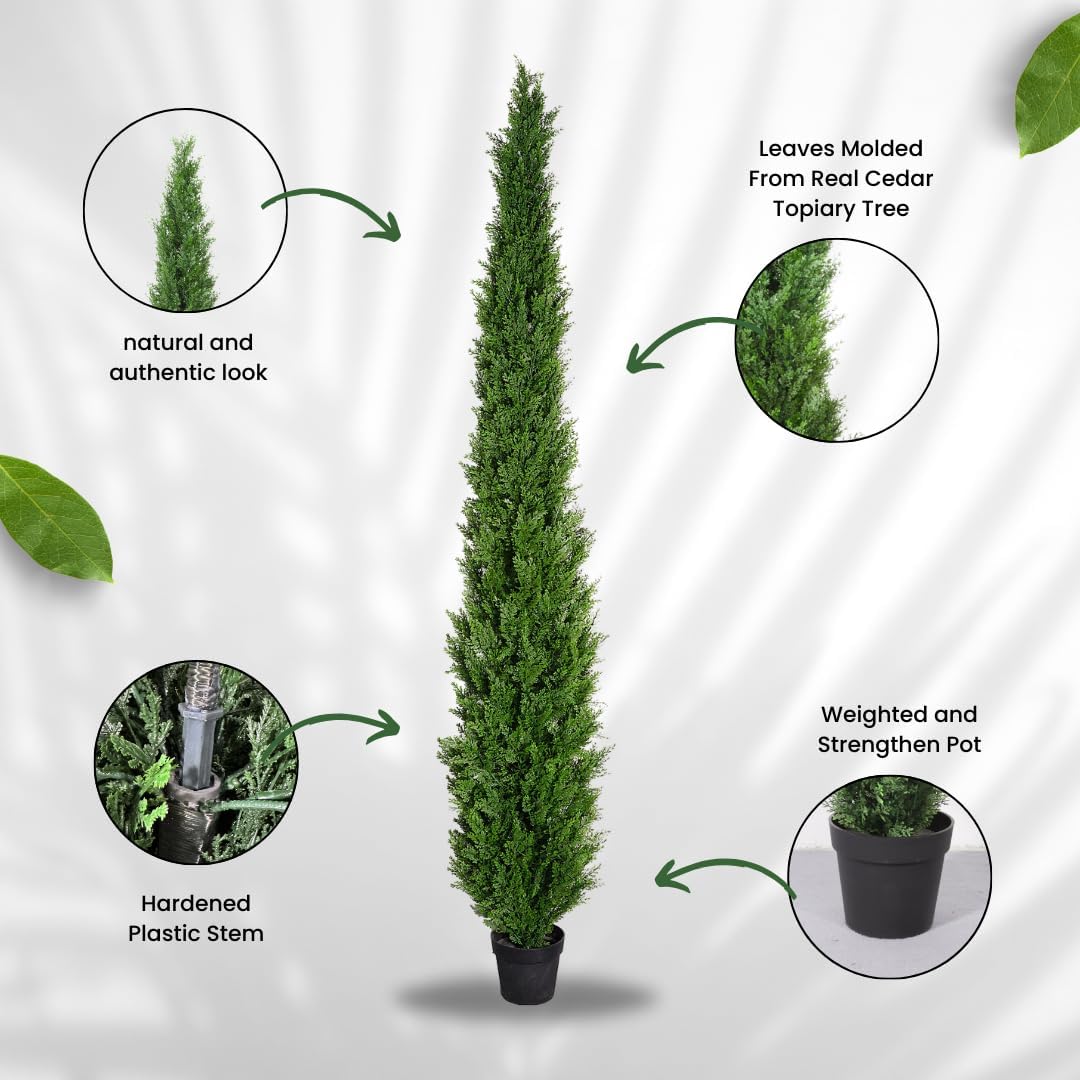 8 Feet Pre-Potted Evergreen Outdoor Artificial Cedar Tree for Front Porch Decor, Outdoor Entryway Decor Fake Tree, Tall Faux Tree with UV Resistant Coating
