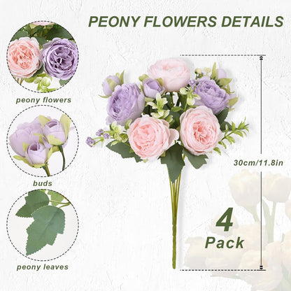 2 Packs Peonies Artificial Flowers, Light Pink Silk Artificial Peonies | Fake Peonies Artificial Peony Flower Bouquets for Centerpiece Table Wedding Party Home Decor