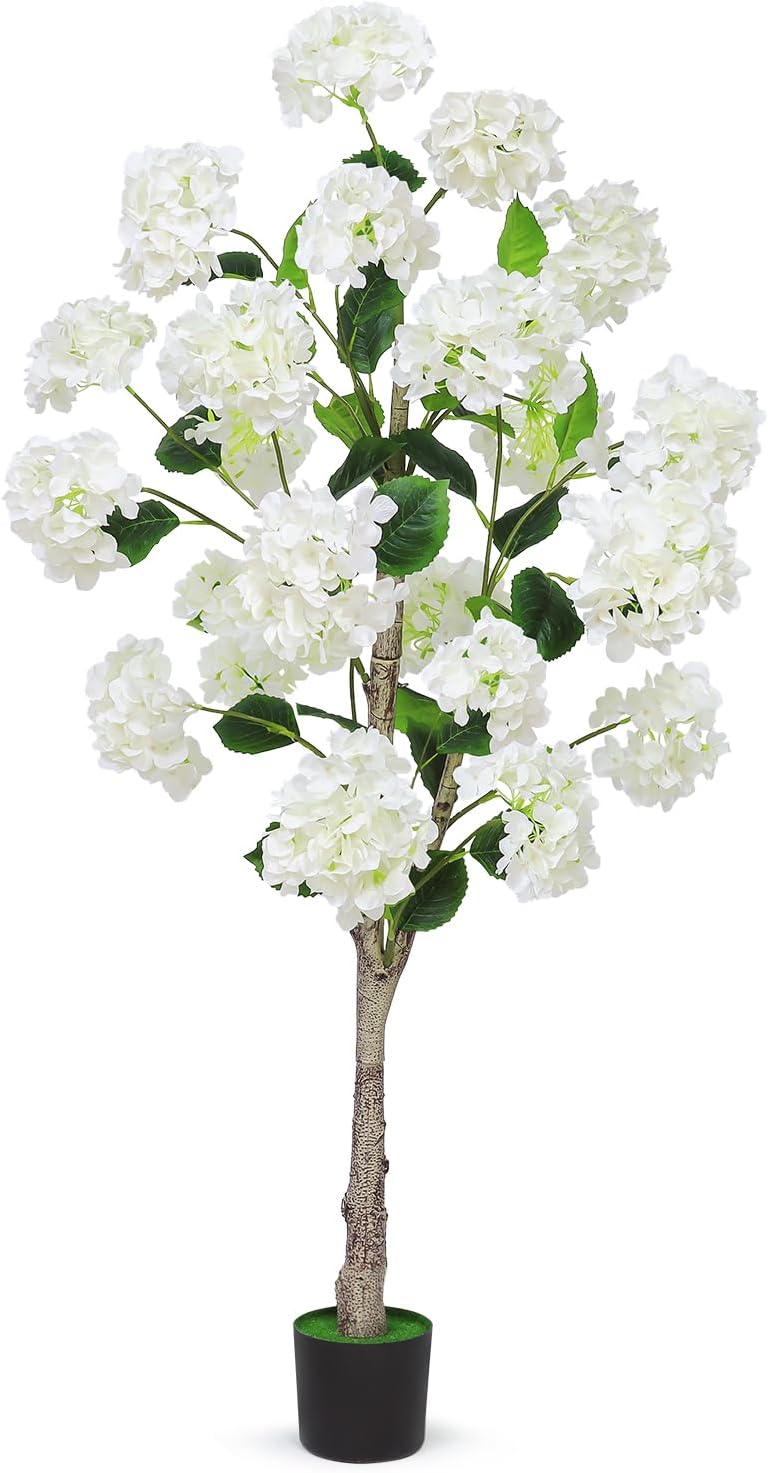 White Hydrangea Flower Artificial Trees 4FT, Fake Silk Floral Plants Indoor Outdoor, Lifelike Decorative Faux Hydrangea Flower Tree in Pot for Home Garden Office Front Decor