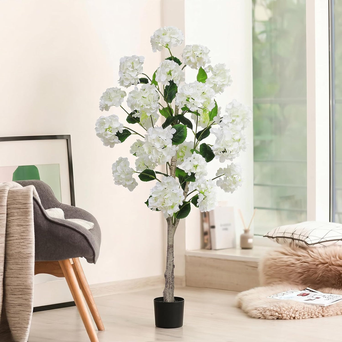 White Hydrangea Flower Artificial Trees 4FT, Fake Silk Floral Plants Indoor Outdoor, Lifelike Decorative Faux Hydrangea Flower Tree in Pot for Home Garden Office Front Decor