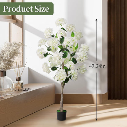 White Hydrangea Flower Artificial Trees 4FT, Fake Silk Floral Plants Indoor Outdoor, Lifelike Decorative Faux Hydrangea Flower Tree in Pot for Home Garden Office Front Decor