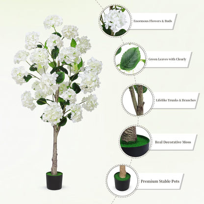 White Hydrangea Flower Artificial Trees 4FT, Fake Silk Floral Plants Indoor Outdoor, Lifelike Decorative Faux Hydrangea Flower Tree in Pot for Home Garden Office Front Decor