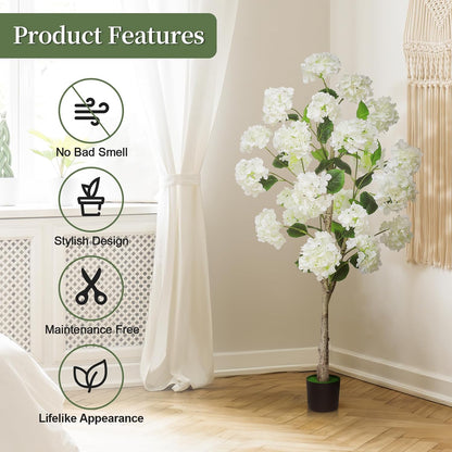 White Hydrangea Flower Artificial Trees 4FT, Fake Silk Floral Plants Indoor Outdoor, Lifelike Decorative Faux Hydrangea Flower Tree in Pot for Home Garden Office Front Decor