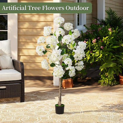 White Hydrangea Flower Artificial Trees 4FT, Fake Silk Floral Plants Indoor Outdoor, Lifelike Decorative Faux Hydrangea Flower Tree in Pot for Home Garden Office Front Decor