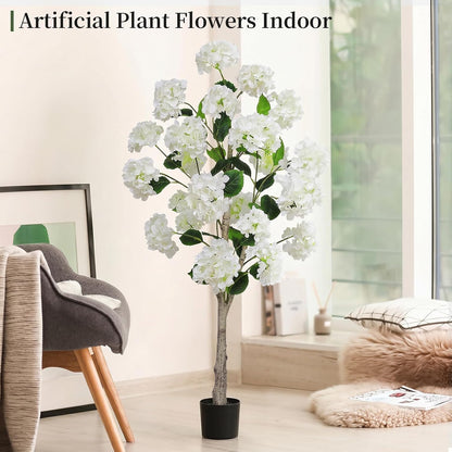White Hydrangea Flower Artificial Trees 4FT, Fake Silk Floral Plants Indoor Outdoor, Lifelike Decorative Faux Hydrangea Flower Tree in Pot for Home Garden Office Front Decor